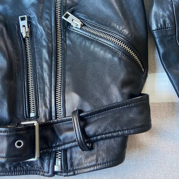 AllSaints Balfern Black Biker Cropped Belted Leather Jacket $528 New Sz 6 - Picture 10 of 16
